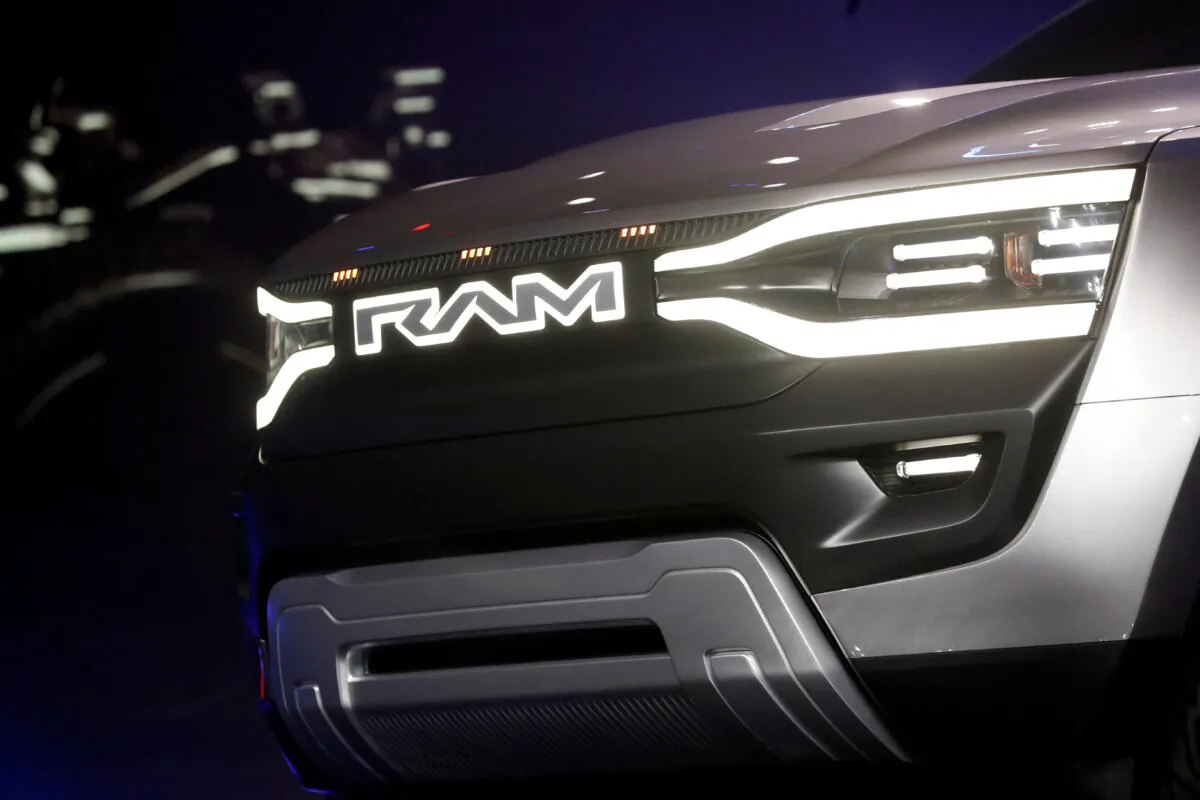 The front end of the Ram 1500 Revolution electric concept pickup truck is shown during a Stellantis keynote address at CES 2023, an annual consumer electronics trade show, in Las Vegas, Nev., on Jan. 5, 2023.  (Steve Marcus/Reuters)