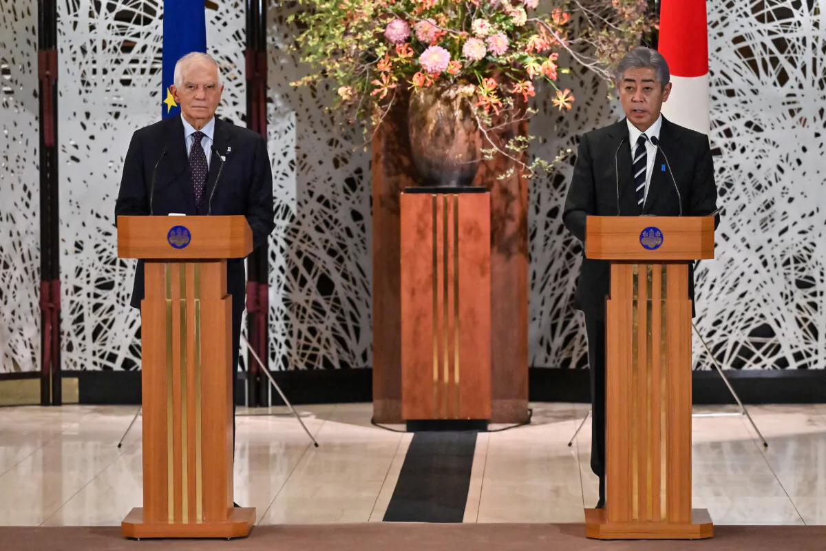 EU foreign policy chief Josep Borrell (L) and Japanese Foreign Minister Takeshi Iwaya (R) speak following the signing of a new security and defense partnership in Tokyo on Nov. 1, 2024. (Richard A. Brooks/AFP via Getty Images)