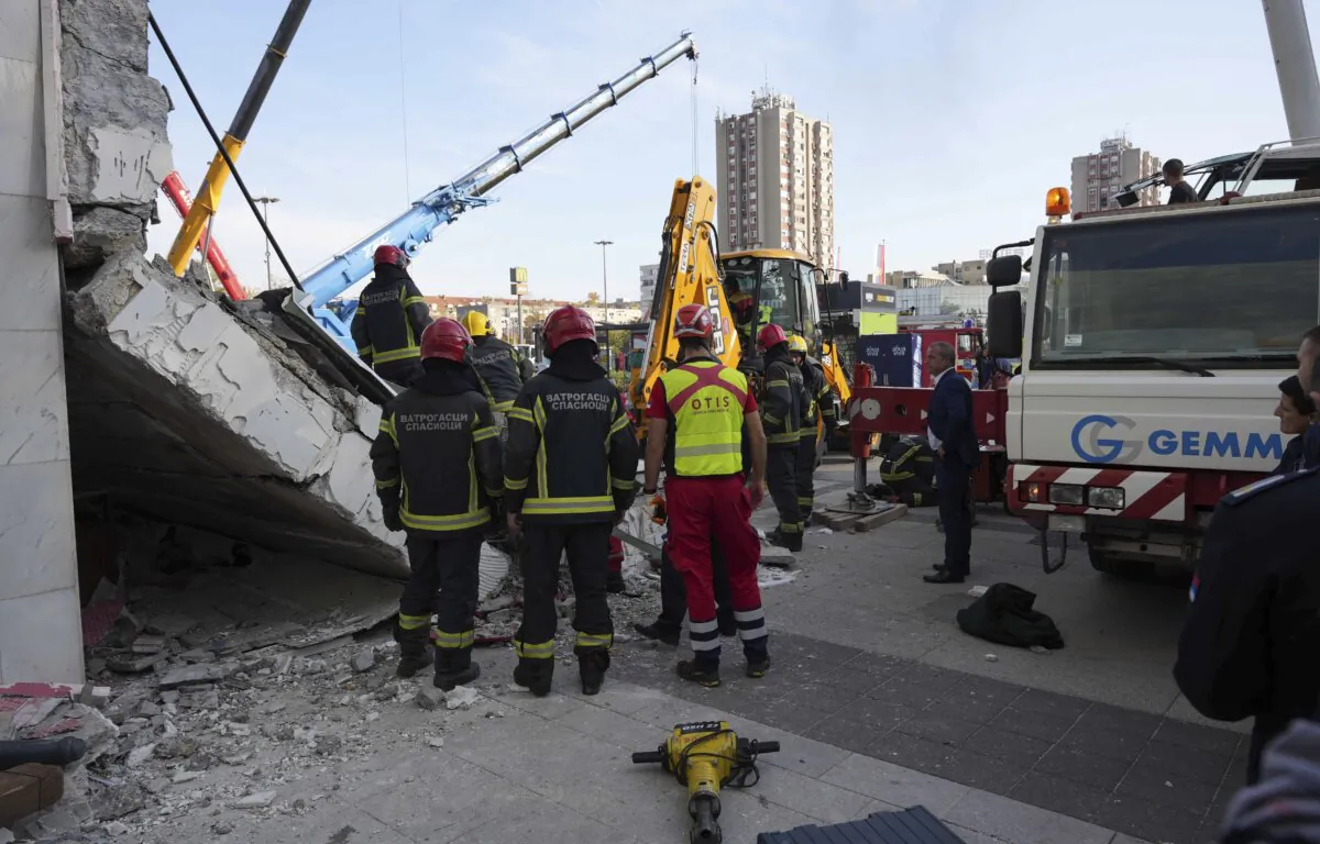 Rescue service workers inspect a scene as a roof collapsed at a railway station in Novi Sad, Serbia, on Nov. 1, 2024. (Interior Ministry of Serbia via AP)