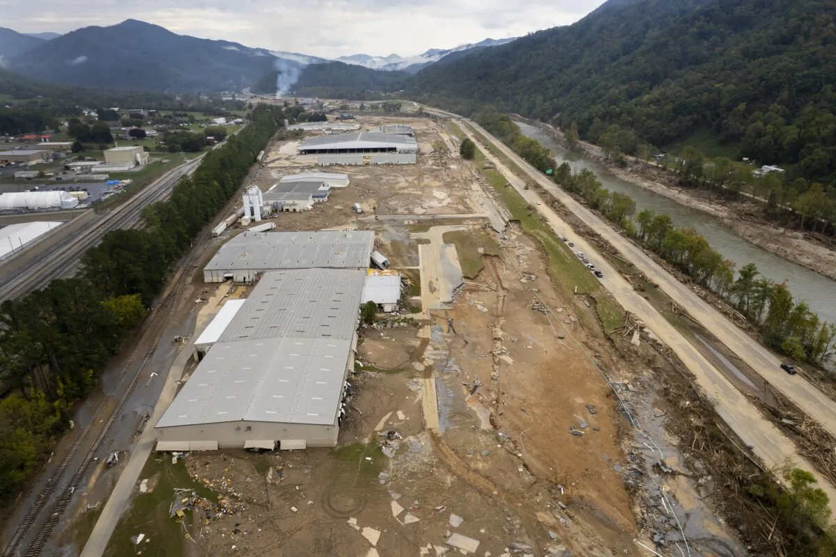 Damage caused by flooding from Hurricane Helene is seen around Impact Plastics in Erwin, Tenn., on Oct. 4, 2024. (Jeff Roberson/AP Photo)