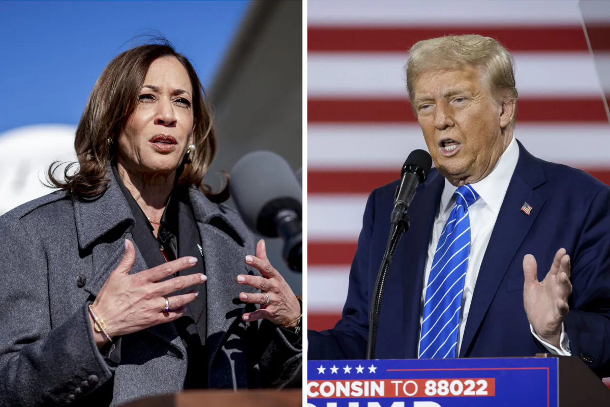 (Left) Vice President Kamala Harris speaks to members of the media as she arrives at Dane County Regional Airport in Madison, Wis., on Nov. 1, 2024. (Right) Former President Donald Trump speaks to guests during a campaign event at Dane Manufacturing in Waunakee, Wis., on Oct. 1, 2024. (Andrew Harnik, Scott Olson/Getty Images)
