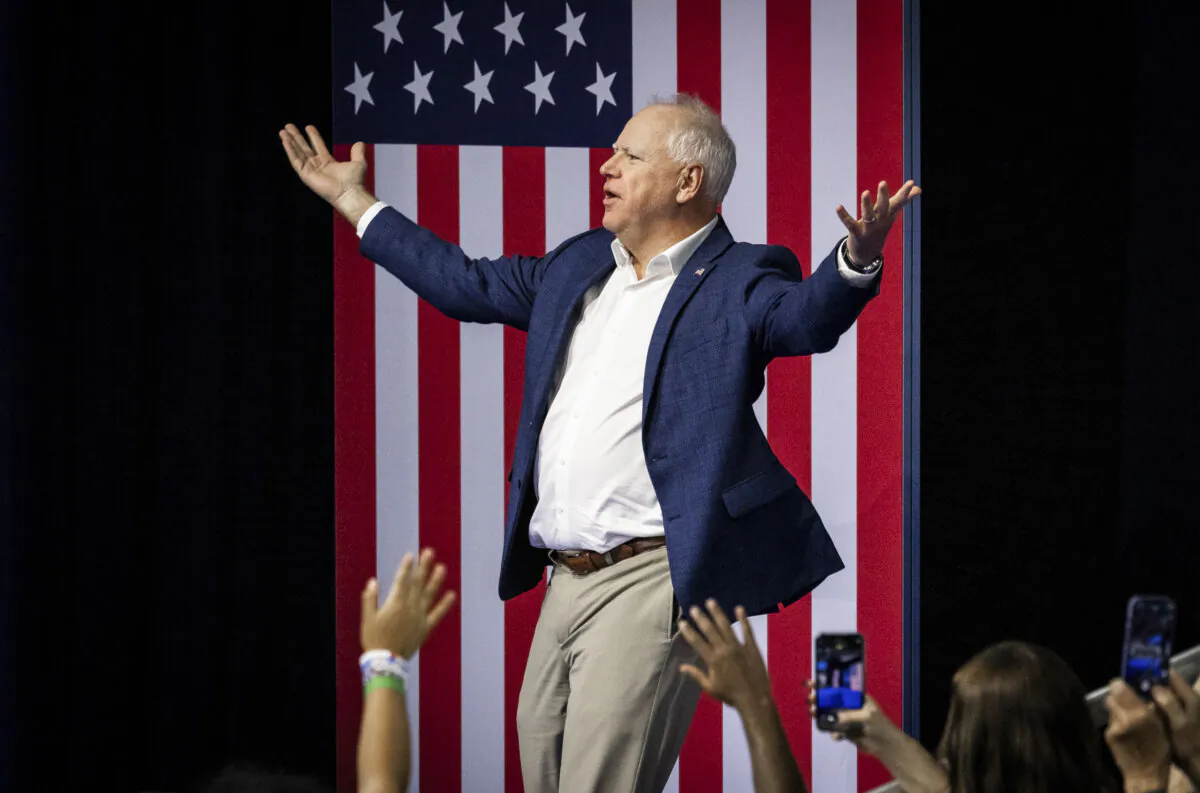 Then-Democratic vice presidential nominee Tim Walz speaks in Madison, Wis., on Oct. 22, 2024. (John Fredricks/The Epoch Times)