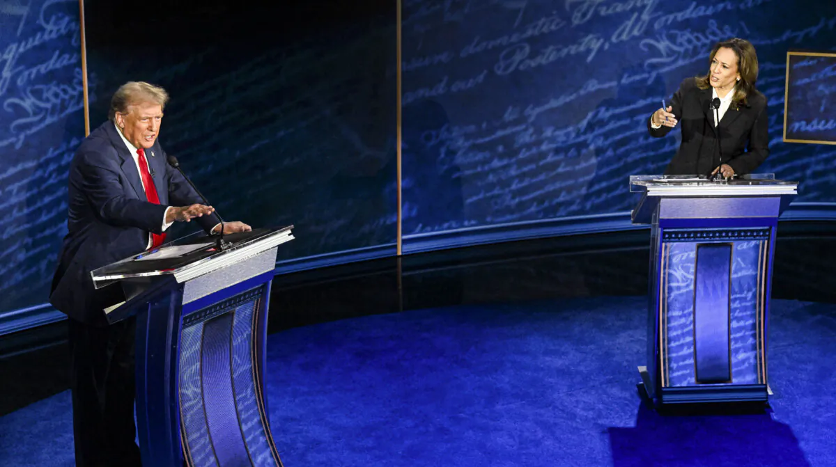 Former President Donald Trump and Vice President Kamala Harris speak during a presidential debate at the National Constitution Center in Philadelphia on Sept. 10, 2024. (Saul Loeb/AFP via Getty Images)