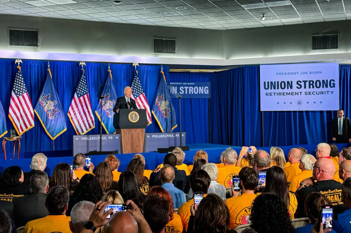 President Joe Biden delivers remarks to union members at an event in Philadelphia on Nov. 1, 2024. (Arjun Singh/The Epoch Times)