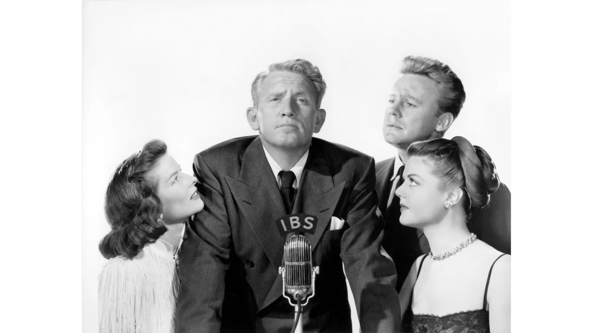 (L–R) Mary Matthews (Katharine Hepburn), Grant Matthews (Spencer Tracy), Spike McManus (Van Johnson), and Kay Thorndyke (Angela Lansbury, in “State of the Union.” Frank Capra's film influenced the politics of the day. (MovieStillsDB)