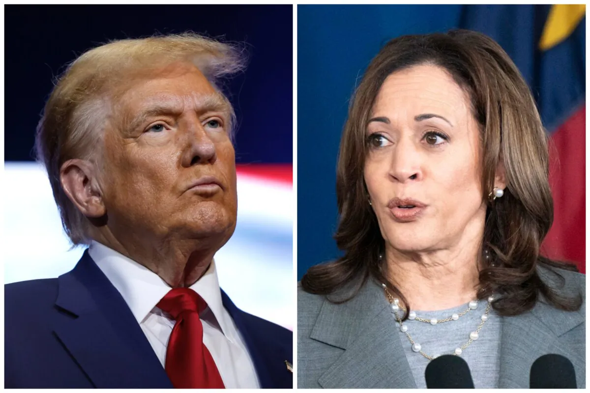 (Left) Republican presidential nominee Donald Trump looks on at Christ Chapel in Zebulon, Ga., on Oct. 23, 2024. (Right) Vice President Kamala Harris speaks during a campaign event in Greensboro, N.C., on July 11, 2024. (Anna Moneymaker, Sean Rayford /Getty Images)