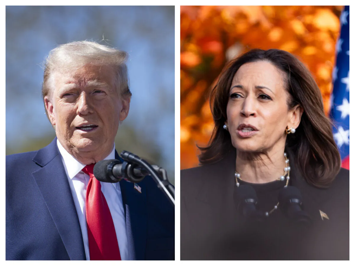 (Left) Republican presidential candidate, former President Donald J. Trump, speaks to the press in Asheville, N.C., on Oct. 21, 2024.
(Right) Democratic presidential candidate Vice President Kamala Harris speaks in Grand Rapids, Mich., on Oct. 18, 2024. (Madalina Vasiliu/The Epoch Times)