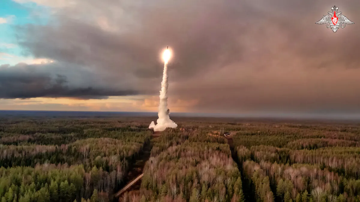 A Yars intercontinental ballistic missile is test-fired from the Plesetsk launchpad on the Kamchatka peninsula in Russia on Oct. 29, 2024. (Russian Defense Ministry Press Service/AP)