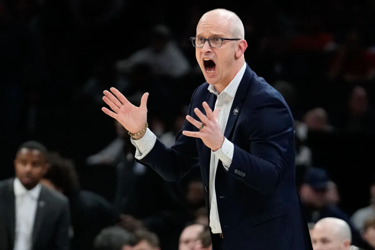 Connecticut Coach Dan Hurley calls to his players during an NCAA Tournament game against Illinois in Boston on March 30, 2024. (Steven Senne/AP Photo)
