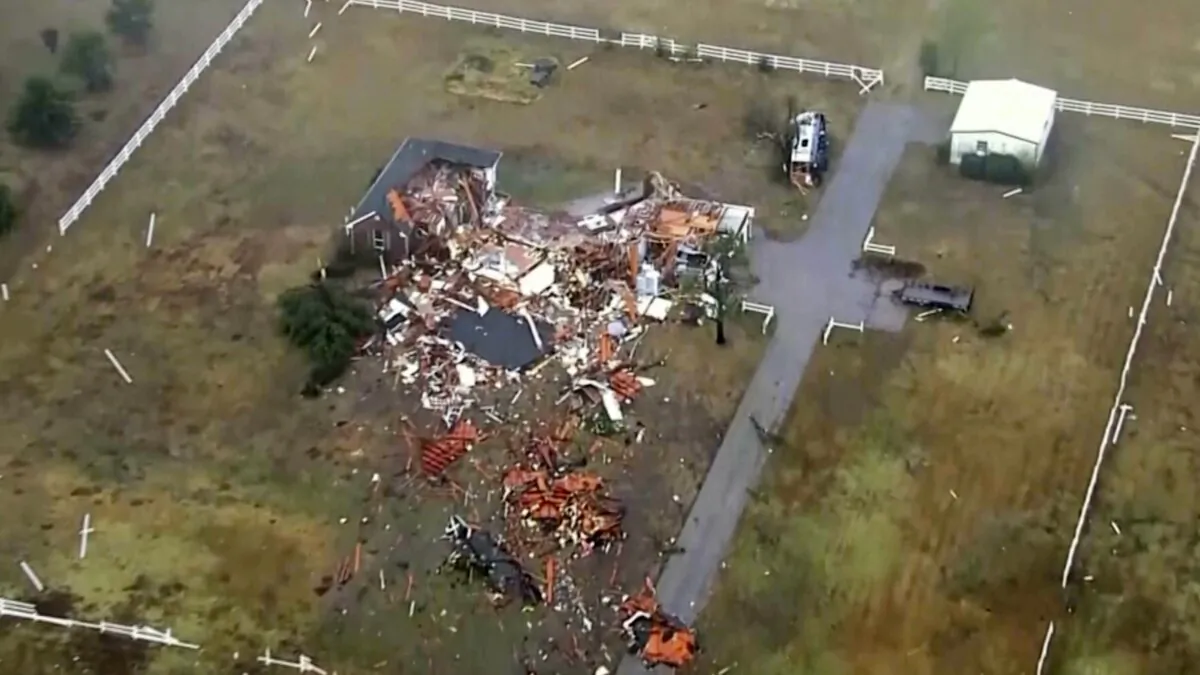 A damage caused by a tornado in a neighborhood near 89th and S. Sooner Road in North Moore, Okla., on Nov. 3, 2024. (KOCO via AP)