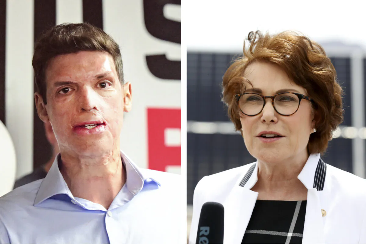 (Left) Republican Senate candidate Sam Brown in Reno, Nev., on June 14, 2022. (Right) Sen. Jacky Rosen (D-Nev.) in Dry Lake Valley, Nev., on June 28, 2021. (Josh Edelson/Getty Images; Gabe Ginsberg/Getty Images for MGM Resorts International)