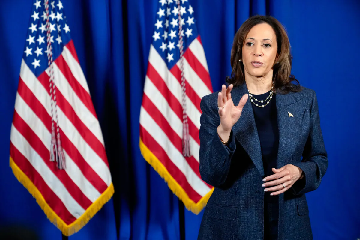 Democratic presidential nominee Vice President Kamala Harris speaks to reporters after delivering remarks at a church service at Greater Emmanuel Institutional Church of God in Christ in Detroit on Nov. 3, 2024. (Jacquelyn Martin/AP Photo)
