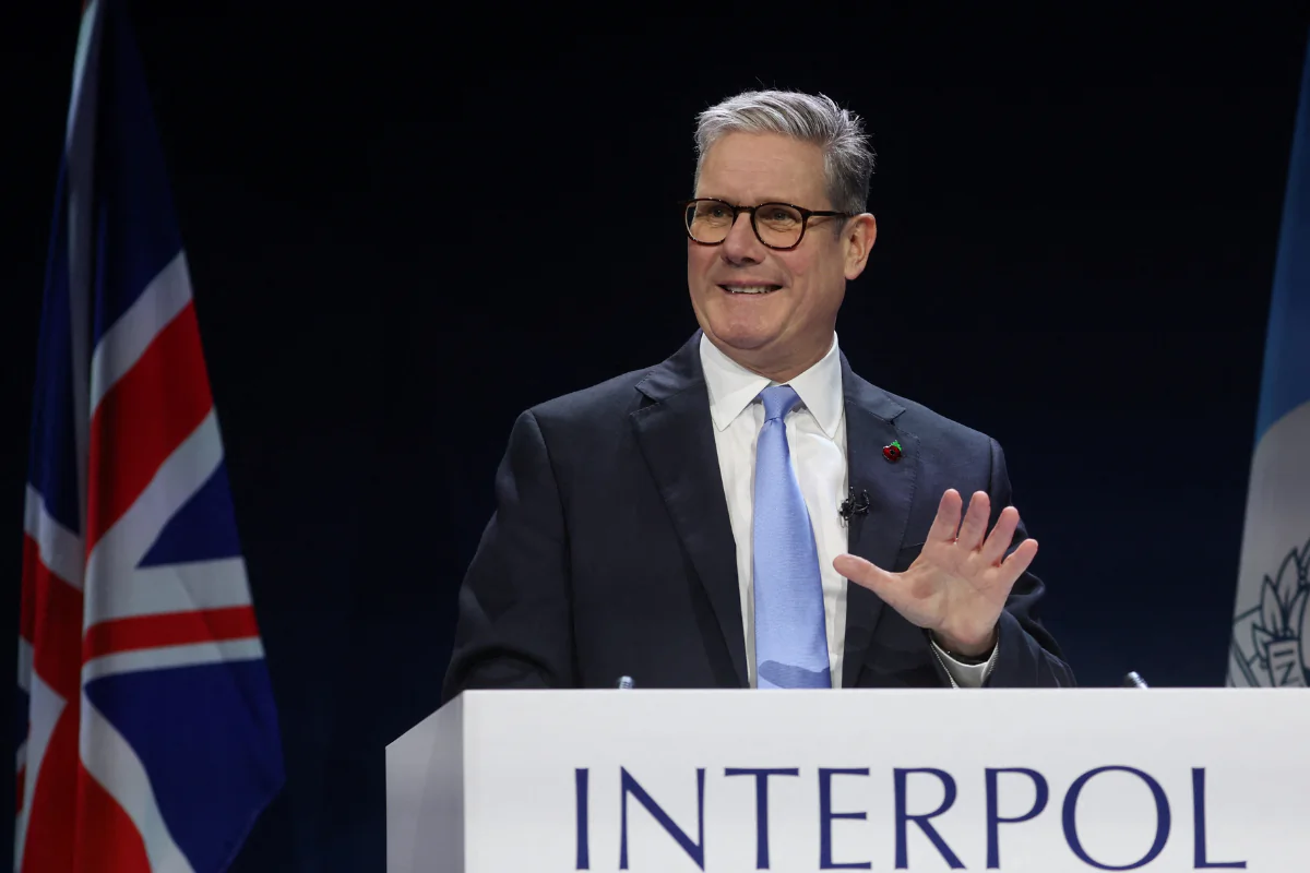 Prime Minister Sir Keir Starmer giving a speech during the Interpol General Assembly, at the Scottish Event Campus in Glasgow, Scotland, on Nov. 4, 2024. (Russell Cheyne/PA Wire)