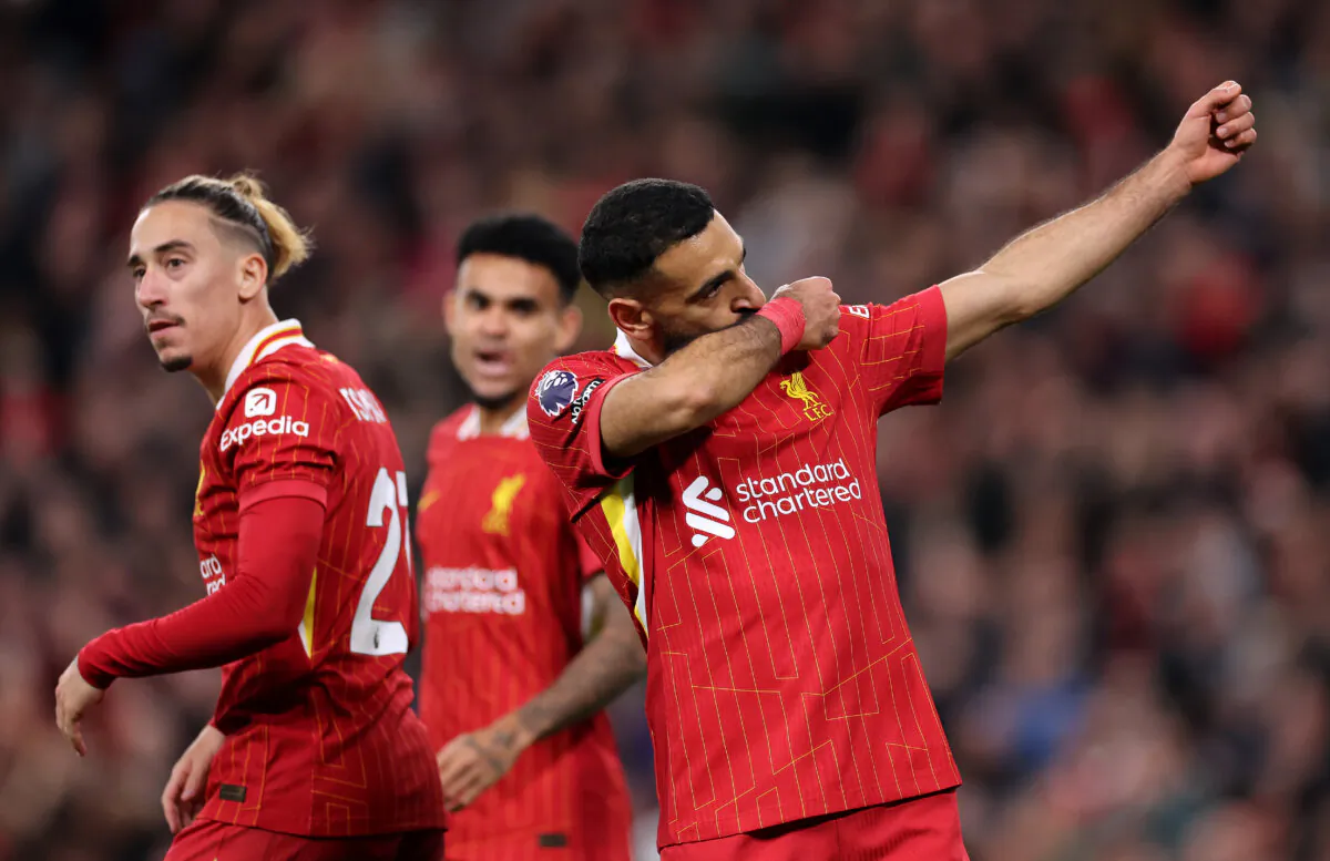 Mohamed Salah of Liverpool celebrates scoring his team's second goal during the Premier League match between Liverpool FC and Brighton & Hove Albion FC at Anfield  in Liverpool, England, on Nov. 2, 2024. (Jan Kruger/Getty Images)