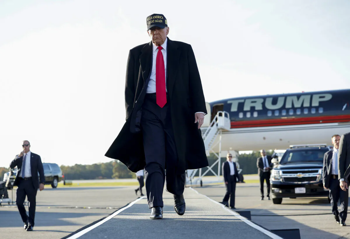 Former President Donald Trump arrives for a campaign rally at Kinston Regional Jetport in Kinston, N.C., on Nov. 3, 2024. (Chip Somodevilla/Getty Images)