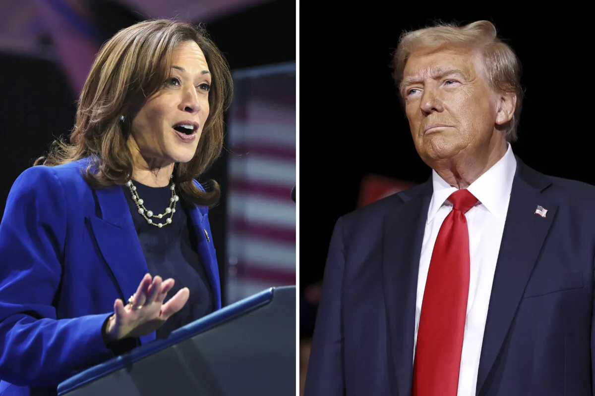(Left) Democratic presidential nominee and Vice President Kamala Harris speaks during a "When We Vote We Win" campaign rally at Craig Ranch Amphitheater in North Las Vegas, Nev., on Oct. 31, 2024; (Right) Republican presidential nominee, former President Donald Trump, greets supporters during a campaign rally at the Grand Sierra Resort in Reno, Nev., on Oct. 11, 2024. (Ethan Miller, Justin Sullivan/Getty Images)