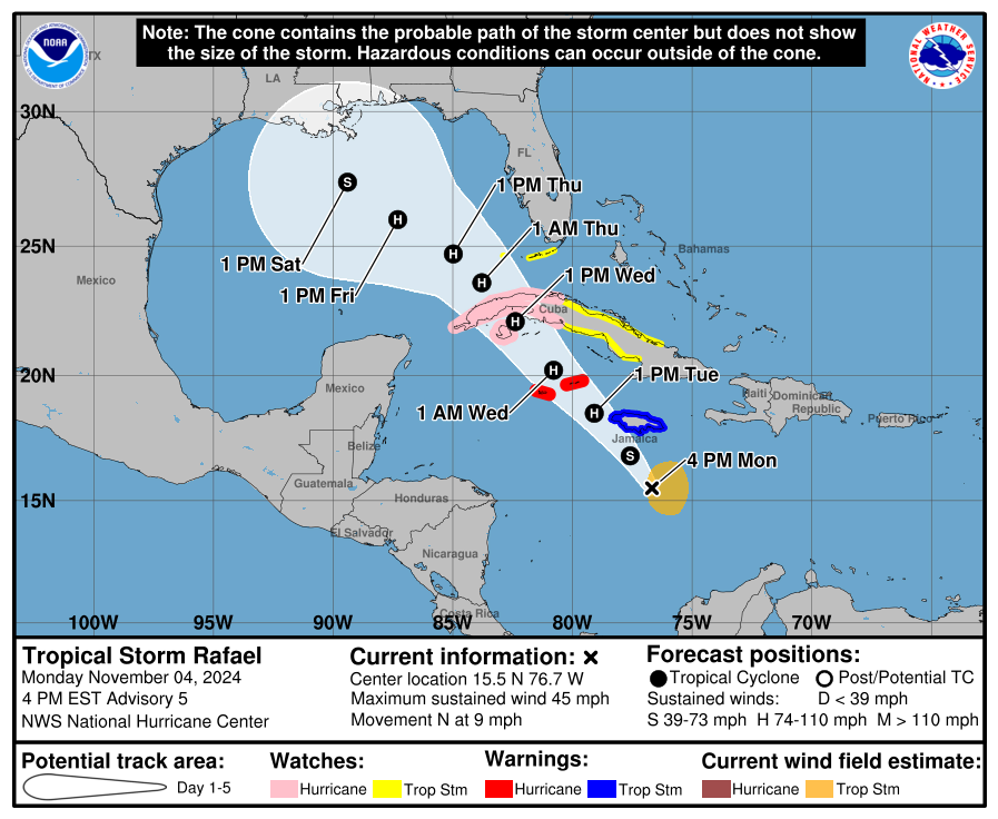 The National Hurricane Center’s forecasted track of Tropical Storm Rafael as of 4 p.m. ET on Nov. 4, 2024. (National Hurricane Center/National Weather Service).