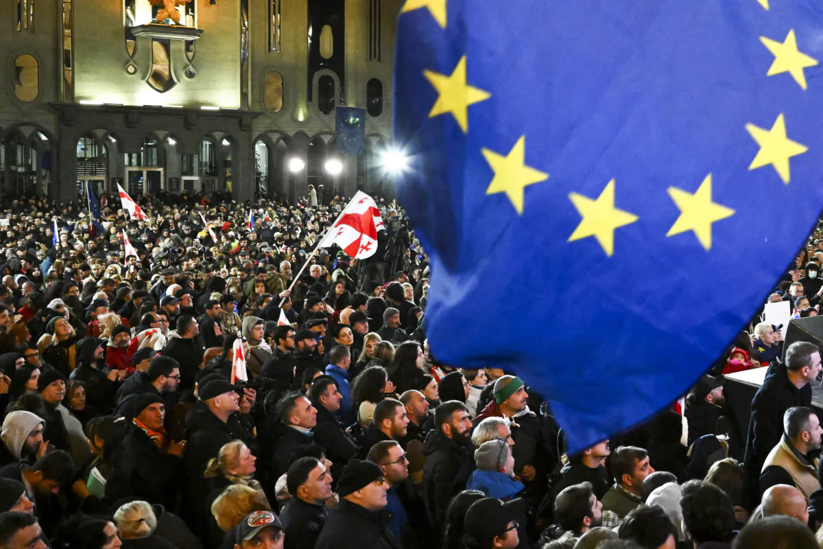 Georgian opposition supporters attend a rally to protest against the results of the parliamentary elections, in Tbilisi on Nov. 4, 2024. (Vano Shlamov/AFP via Getty Images)