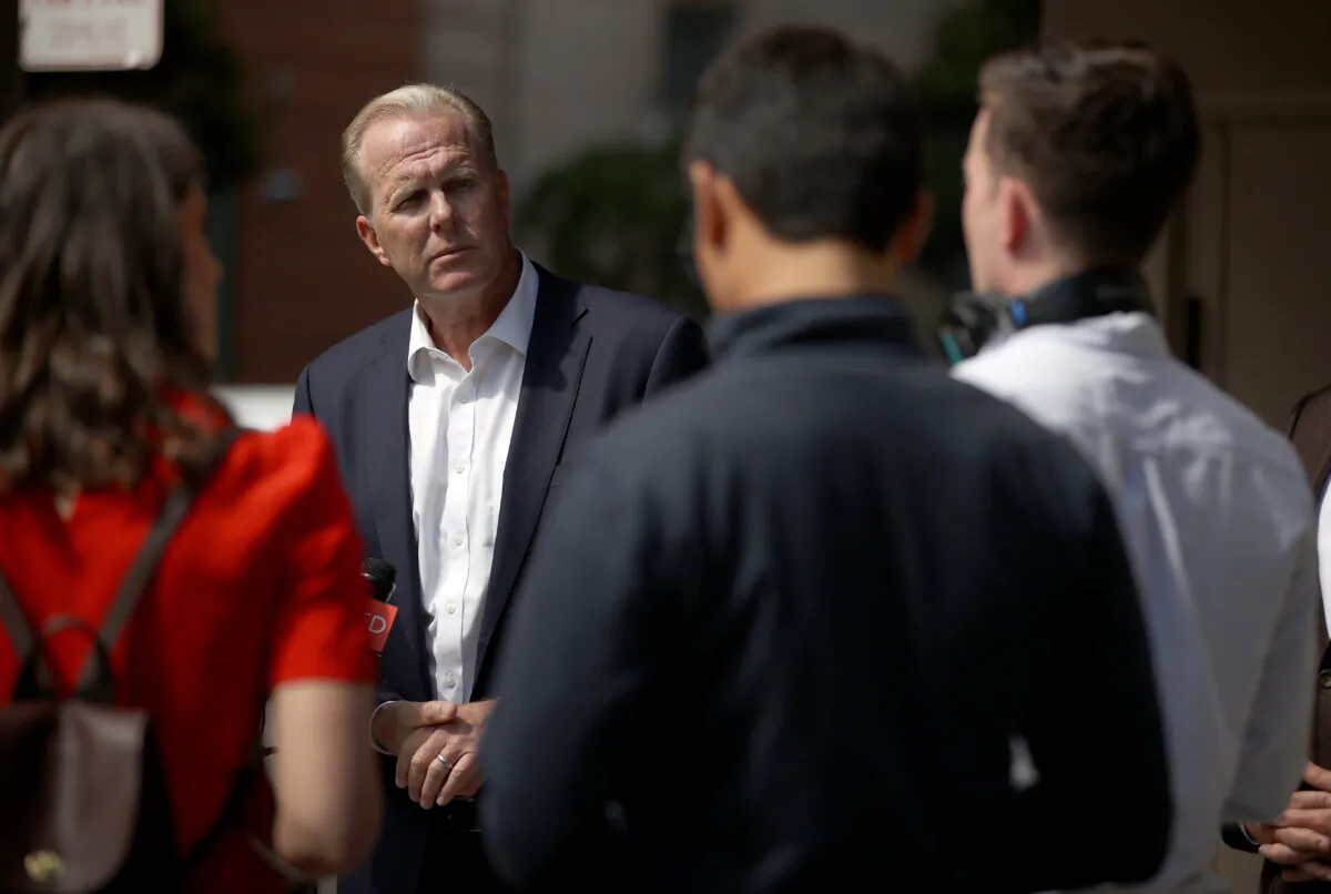 Then a candidate for California governor, Republican Kevin Faulconer looks on during a news conference in San Francisco on July 27, 2021. (Justin Sullivan/Getty Images)