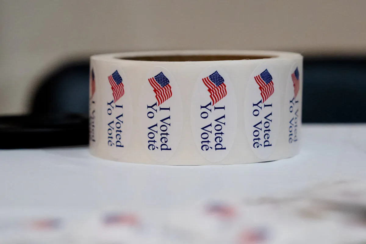 "I voted" stickers at a polling place at the Eastern Market on Capitol Hill in Washington on Nov. 5, 2024. (Madalina Vasiliu/The Epoch Times)