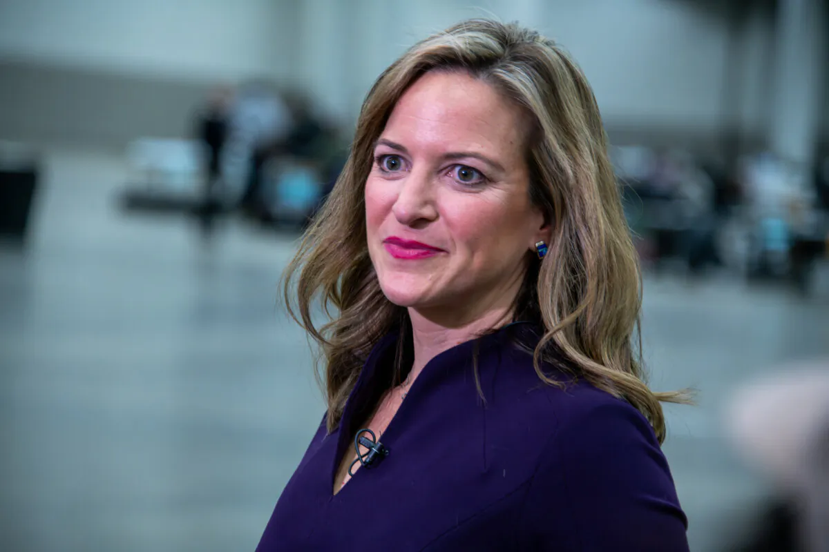 Michigan's Secretary of State Jocelyn Benson provides an update on the election to a TV camera at Huntington Place in downtown Detroit, Mich., on Nov. 5, 2024. (Davslens Photography for the Epoch Times)