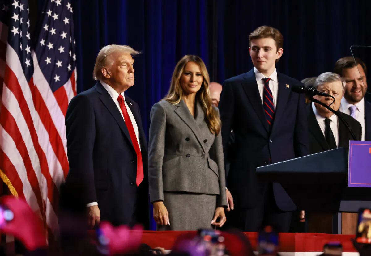 President-elect Donald Trump is joined by his family as he speaks to supporters after winning the presidential election in West Palm Beach, Fla., on Nov. 6, 2024. (John Fredricks/The Epoch Times)