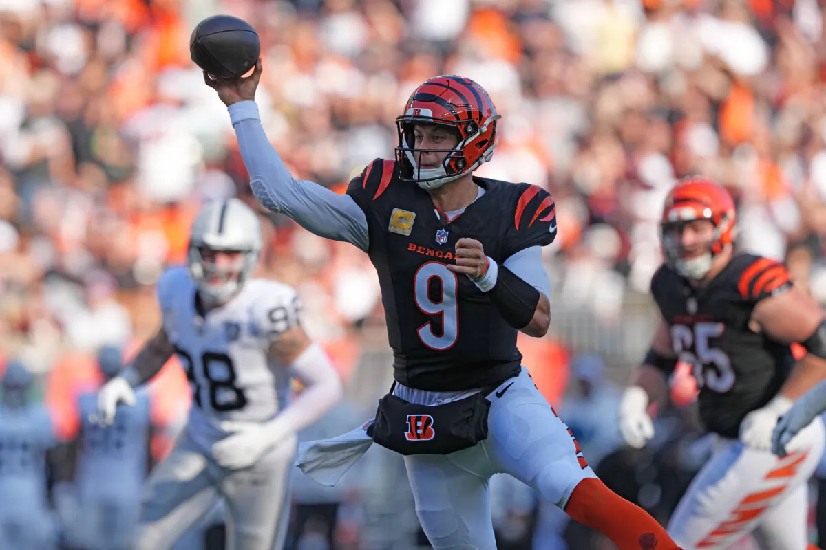 Joe Burrow No. 9 of the Cincinnati Bengals passes the ball in the third quarter of a game against the Las Vegas Raiders at Paycor Stadium in Cincinnati, Ohio, on Nov. 3, 2024. (Dylan Buell/Getty Images)
