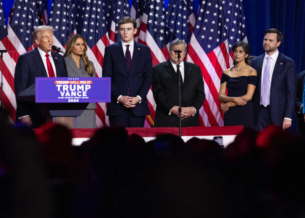 Donald Trump and J.D Vance are joined by their families as they speak to supporters after winning the presidential election in West Palm Beach, Fla., on Nov. 6, 2024. (John Fredricks/The Epoch Times)