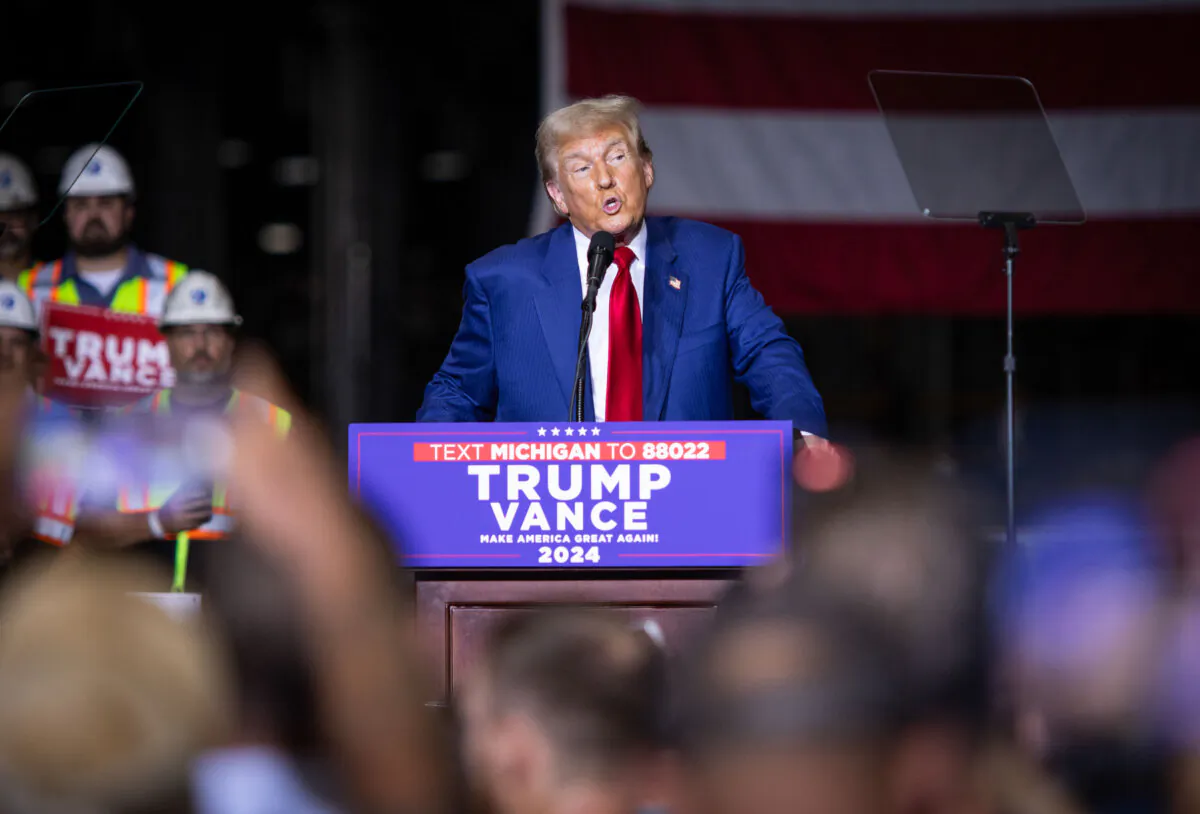 Former President and 2024 presidential nominee Donald Trump speaks in Potterville, Mich., on Aug. 29, 2024. (John Fredricks/The Epoch Times)