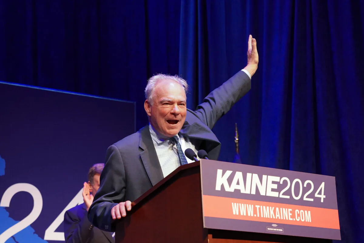 Sen. Tim Kaine (D-Va.) at his election watch party in Richmond, Va., on Nov. 5, 2024 (Terri Wu/The Epoch Times)