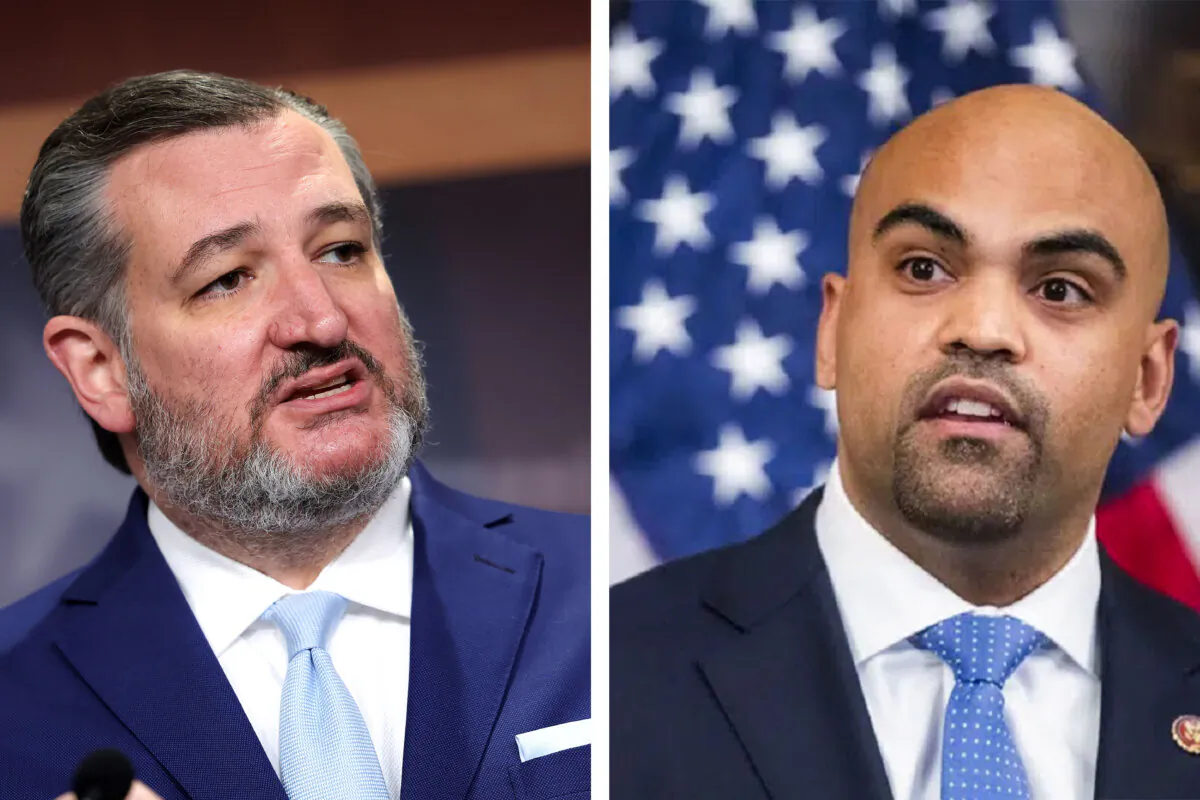 (Left) Sen. Ted Cruz (R-Texas) speaks at a press conference in Washington, on May 3, 2023. (Right) Rep. Colin Allred (D-Texas) speaks during a news conference in Washington, on June 24, 2020. (Kevin Dietsch/Getty Images; Manuel Balce Ceneta/AP Photo)