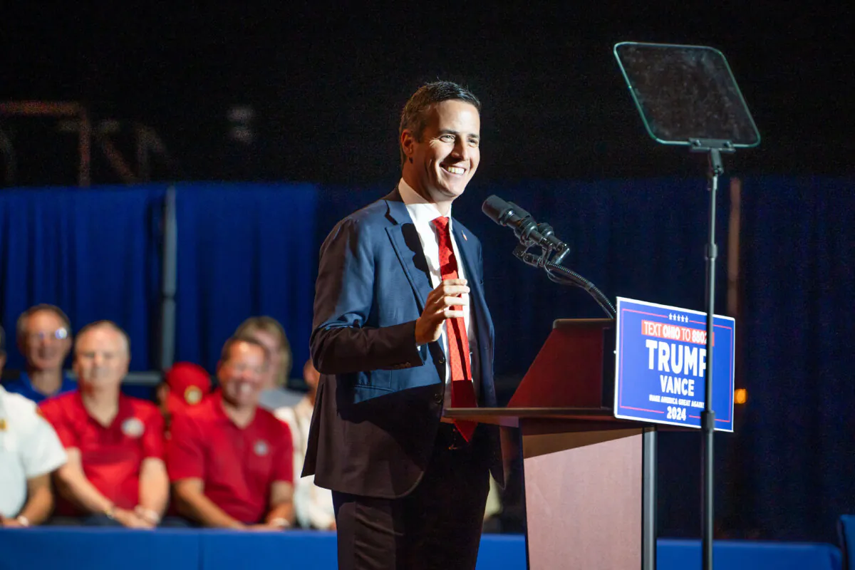 Bernie Moreno, a Republican candidate for U.S. Senate, speaks during a Trump campaign rally at Middletown High School in Middletown, Ohio, on July 22, 2024. (Madalina Vasiliu/The Epoch Times)