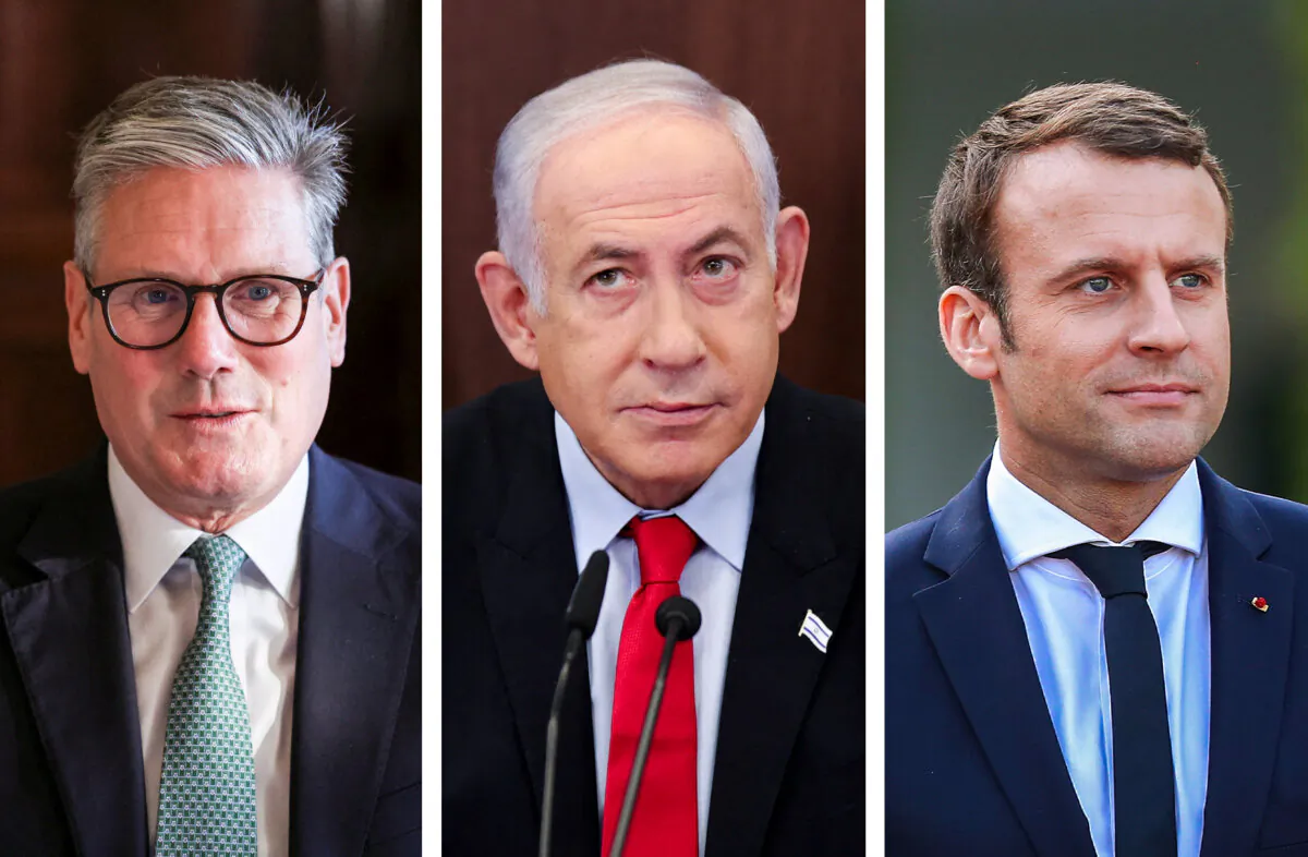 (L-R) British Prime Minister Keir Starmer in Rome on Sept. 16, 2024; Israeli Prime Minister Benjamin Netanyahu in Jerusalem on Sept. 27, 2023; French President Emmanuel Macron in Berlin on May 15, 2017. (Phil Noble - Pool/Getty Images; ABIR SULTAN/POOL/AFP via Getty Images; Sean Gallup/Getty Images)