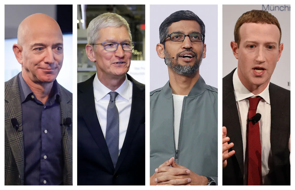This combination of  photos shows Amazon CEO Jeff Bezos, Apple CEO Tim Cook, Google CEO Sundar Pichai and Facebook CEO Mark Zuckerberg in 2019–2020. (Pablo Martinez Monsivais, Evan Vucci, Jeff Chiu, Jens Meyer/AP Photo)
