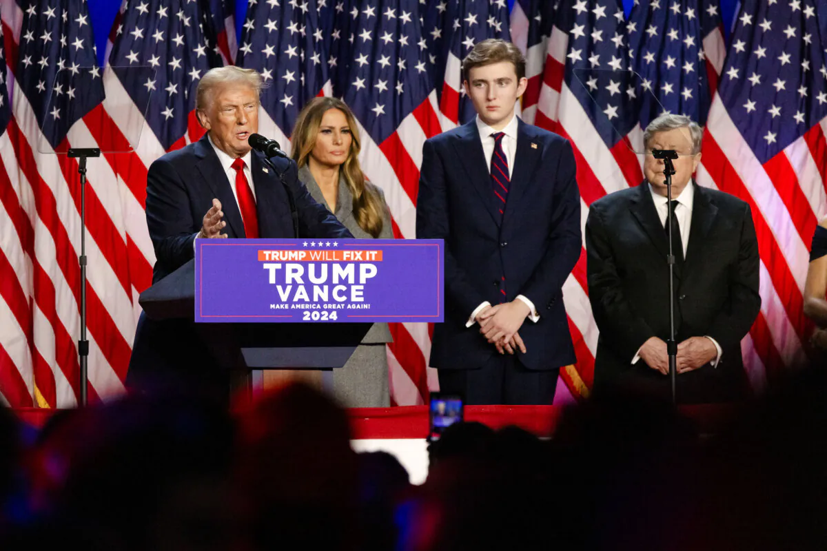 President-elect Donald Trump is joined by his family as he speaks to supporters after winning the presidential election, in West Palm Beach, Fla., on Nov. 6, 2024. (John Fredricks/The Epoch Times)