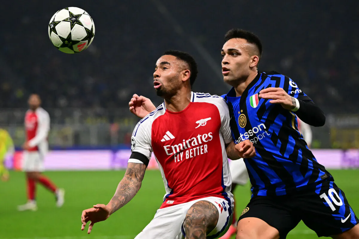 Arsenal's Brazilian striker #09 Gabriel Jesus (L) fights for the ball with Inter Milan's Argentine forward #10 Lautaro Martinez during the UEFA Champions League football match between Inter Milan and Arsenal at the San Siro stadium in Milan on Nov. 6, 2024. (Marco Bertorello/AFP via Getty Images)