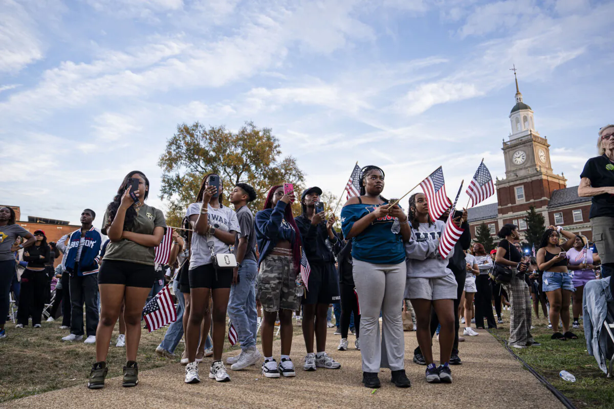 Supporters of Democratic presidential nominee Vice President Kamala Harris listen to her concession speech at Howard University in Washington on Nov. 6, 2024. (Madalina Vasiliu/The Epoch Times)