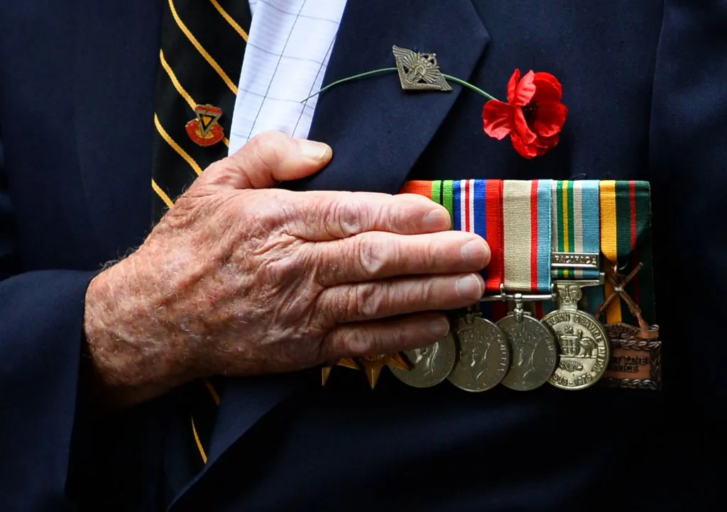 An Australian war veteran takes part in the annual ANZAC Day Parade in Sydney on April 25, 2014. (PETER PARKS/AFP via Getty Images)