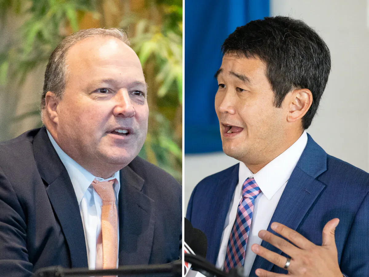 (L) Scott Baugh speaks in Newport Beach, Calif., on Oct. 12, 2022; (R) Senator Dave Min in Huntington Beach, Calif., on Oct. 6, 2021. (John Fredricks/The Epoch Times)