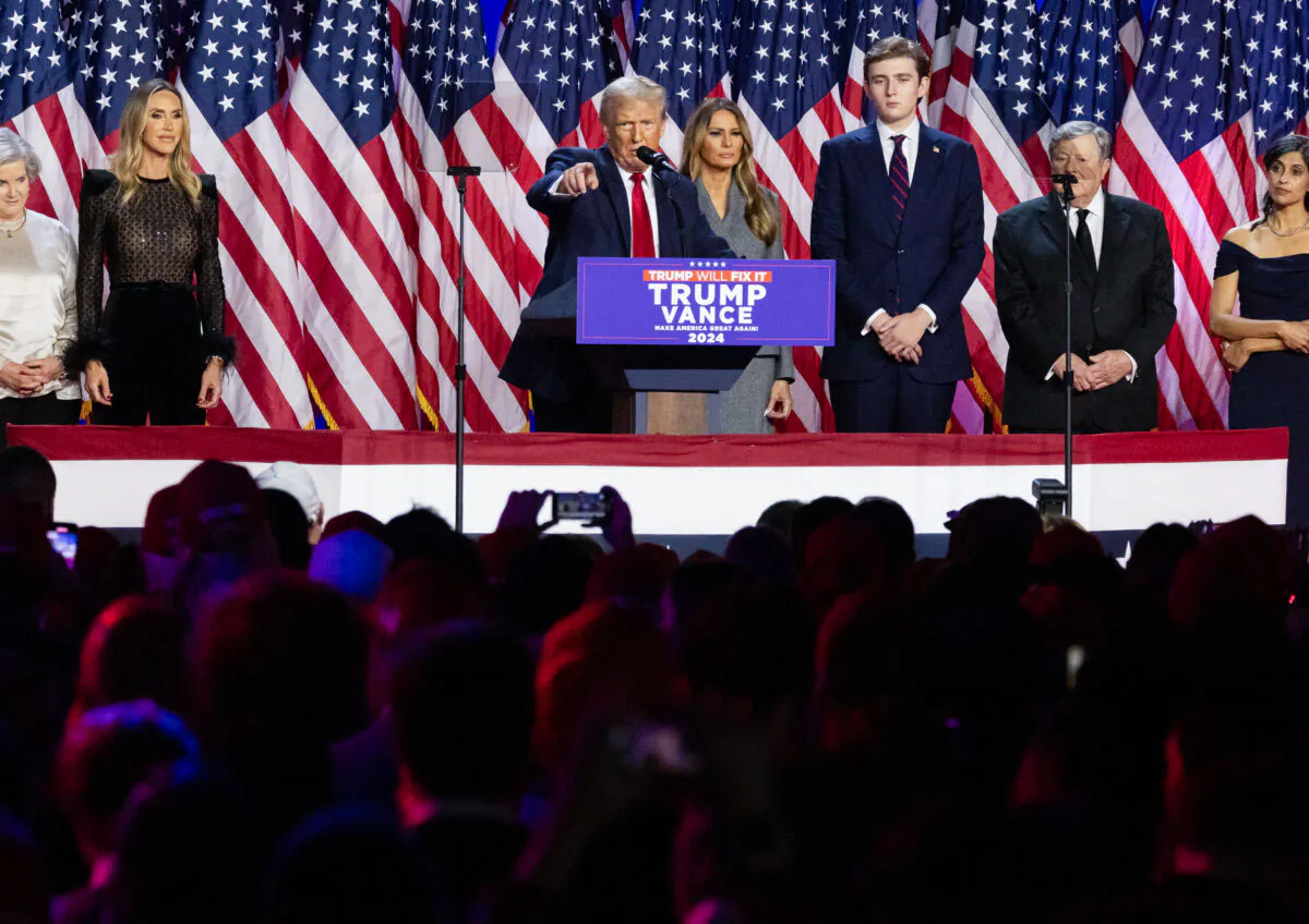 President-elect Donald Trump is joined by his family as he speaks to supporters after winning the presidential election, in West Palm Beach, Fla., on Nov. 6, 2024. (John Fredricks/The Epoch Times)