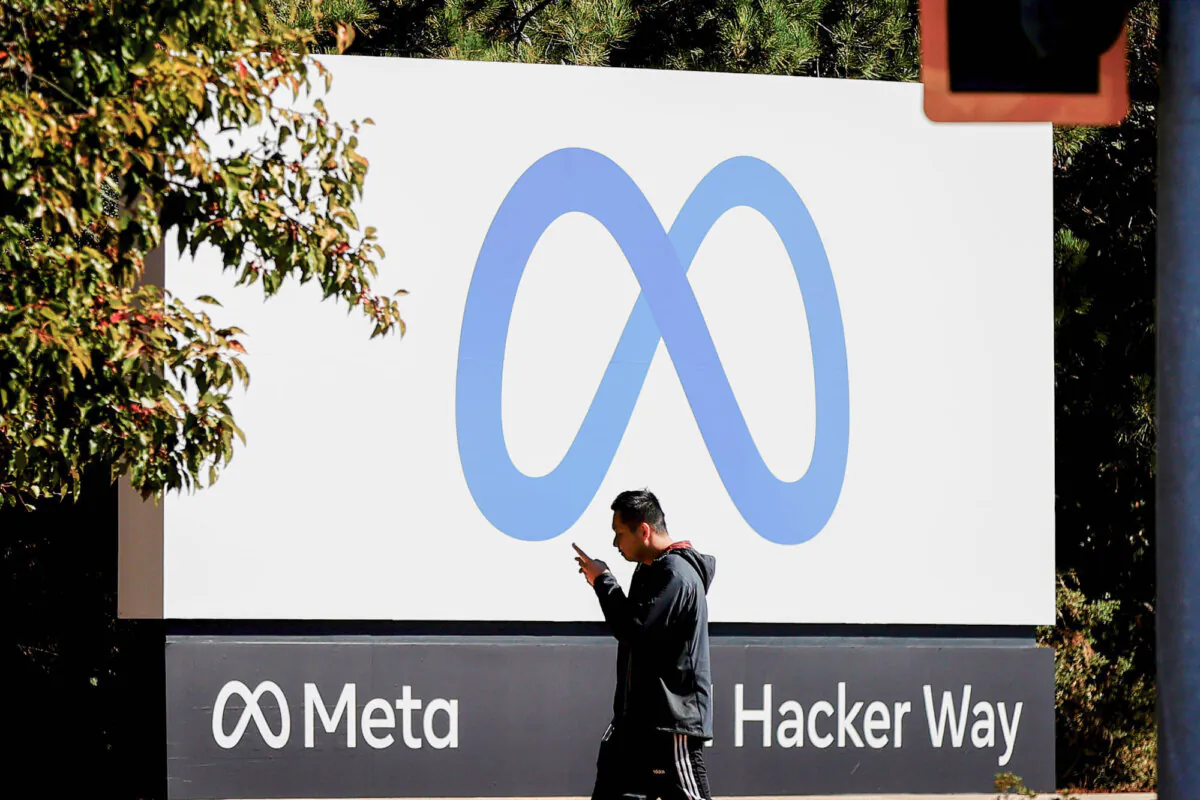 The Meta logo sign at Facebook's headquarters in Menlo Park, Calif., on Oct. 28, 2021. (Justin Sullivan/Getty Images)