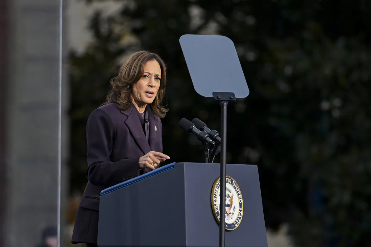 Democratic presidential nominee, Vice President Kamala Harris speaks on stage as she concedes the election, at Howard University in Washington on Nov. 6, 2024. (Brandon Bell/Getty Images)