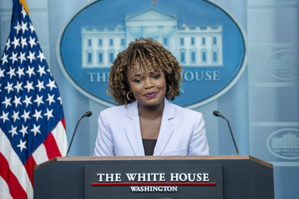 White House press secretary Karine Jean-Pierre holds the first press briefing since the presidential election results in Washington on Nov. 7, 2024. (Madalina Vasiliu/The Epoch Times)
