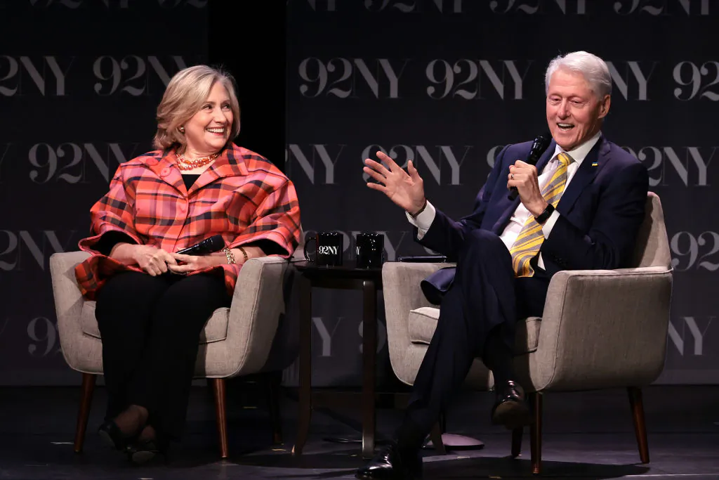 (L-R) Secretary Hillary Rodham Clinton and President Bill Clinton speak onstage during In Conversation with David Rubenstein at The 92nd Street Y, New York, on May 4, 2023. (Jamie McCarthy/Getty Images)