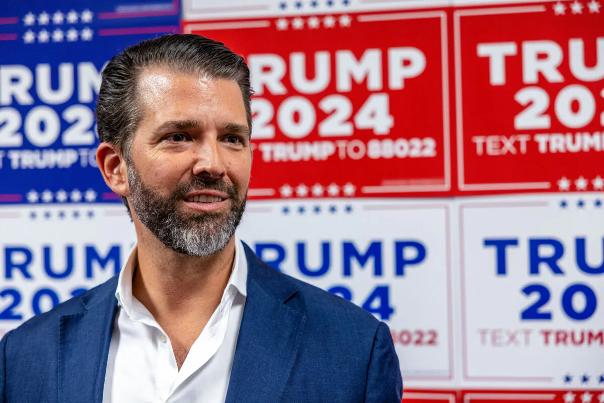 Donald Trump Jr. speaks to media at a rally for his father, former President Donald Trump, in Charleston, S.C., on Feb. 23, 2024. (Tasos Katopodis/Getty Images)