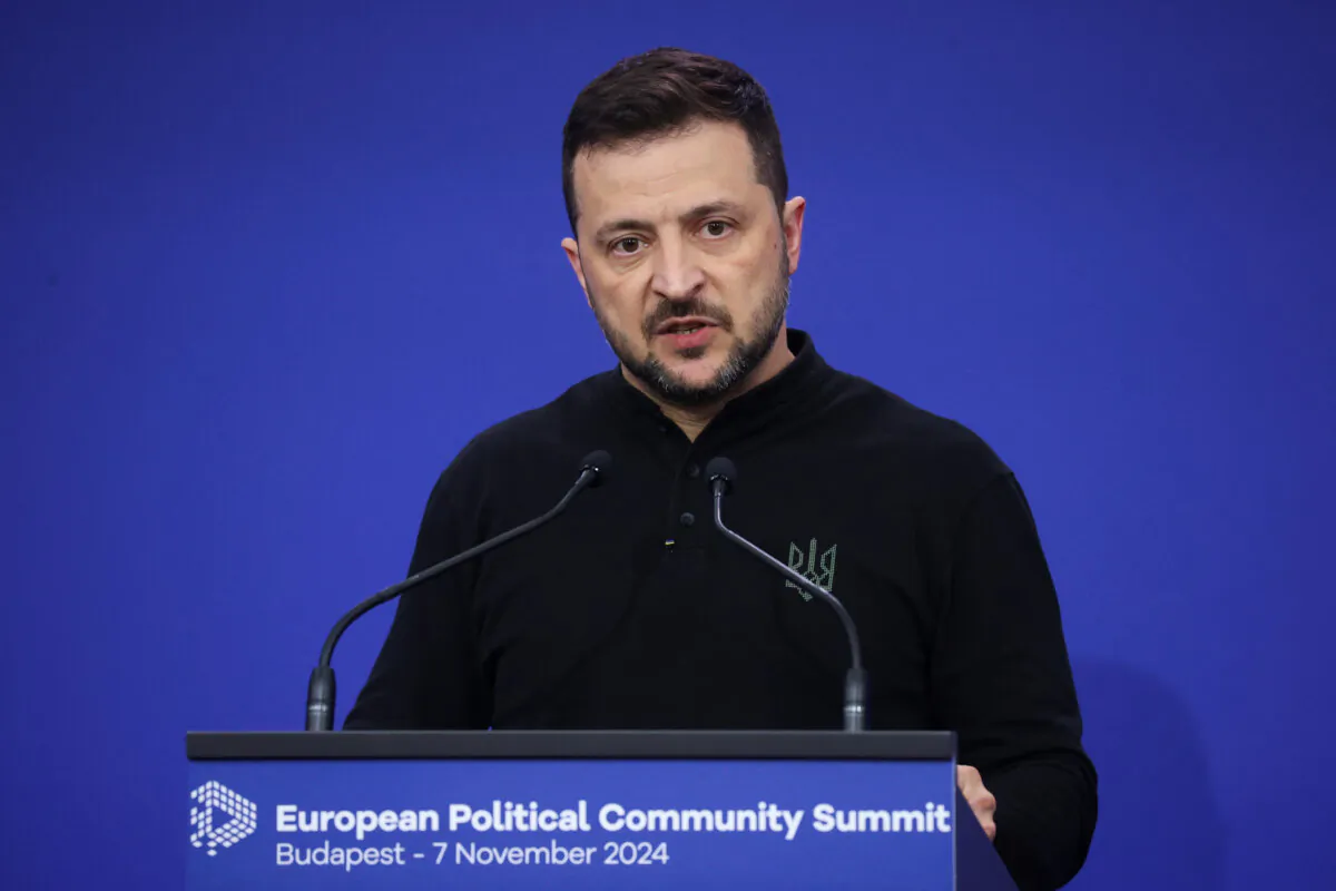 Ukraine's President Volodymyr Zelenskyy speaks at a press conference during the European Political Community Summit in Budapest, Hungary, on Nov. 7, 2024. (Bernadett Szabo/Reuters)