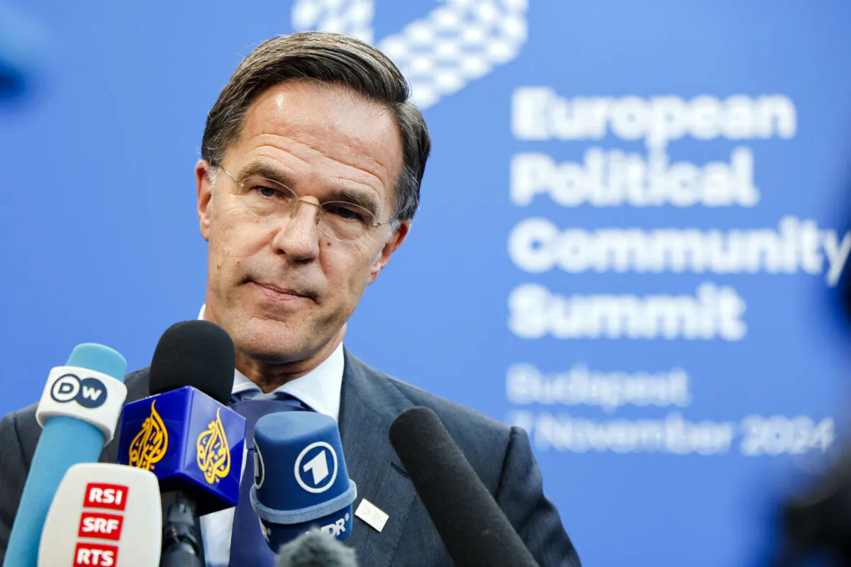 NATO Secretary-General Mark Rutte answers journalists questions upon arrival for the European Political Community Summit in Budapest, Hungary, on Nov. 7, 2024. (Ludovic Marin/AFP via Getty Images)