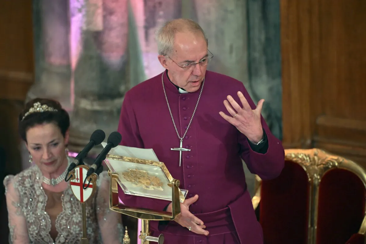 Justin Welby, archbishop of Canterbury, addresses guests at the Lord Mayor's Banquet at Guildhall in London on Nov. 13, 2023. (Leon Neal/Getty Images)
