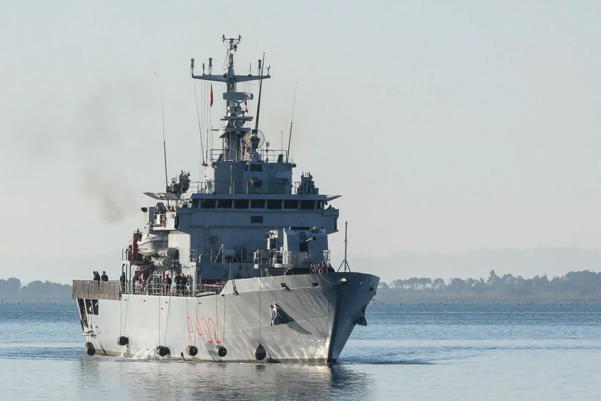 The Italian navy ship Libra approaches the port of Shengjin, Albania, 
on Nov. 8, 2024 (AP Photo/Vlasov Sulaj)