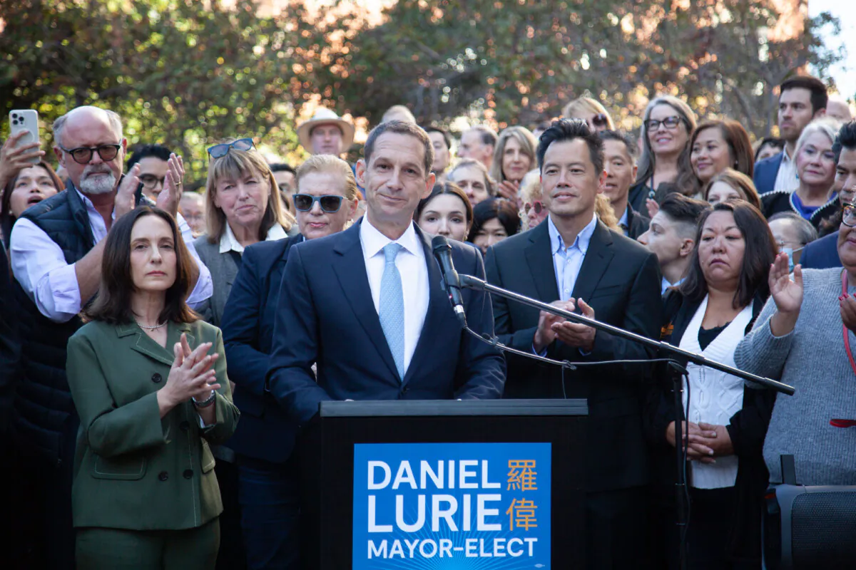 San Francisco Mayor-Elect Daniel Lurie speaks at a rally claiming his victory on Nov. 8. (Lear Zhou/The Epoch Times)
